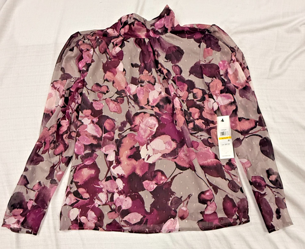 Calvin Klein Women's Medium Floral Blouse Pink Purple Metallic Accent Top NWT